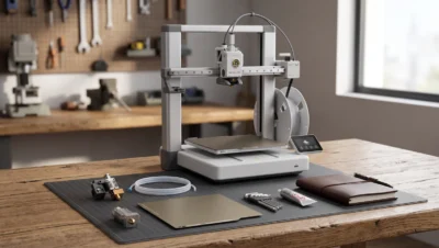 Impressora 3D Bambu Lab A1 em bancada organizada com ferramentas de manutenção, placa extra e carretéis