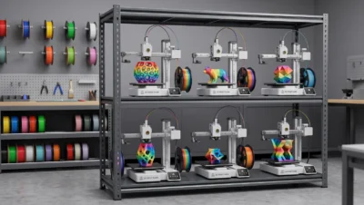 Estante metálica com seis impressoras Bambu Lab imprimindo peças coloridas em oficina organizada