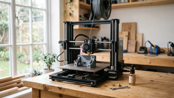 Impressora 3D FDM imprimindo peça em PLA cinza sobre bancada de madeira, com bico reserva e óleo lubrificante ao lado